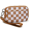 A beige checkered multi-card wallet with a clear ID window and brown leather strap.