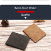 A brown leather short wallet is shown next to a black version on a wooden surface.