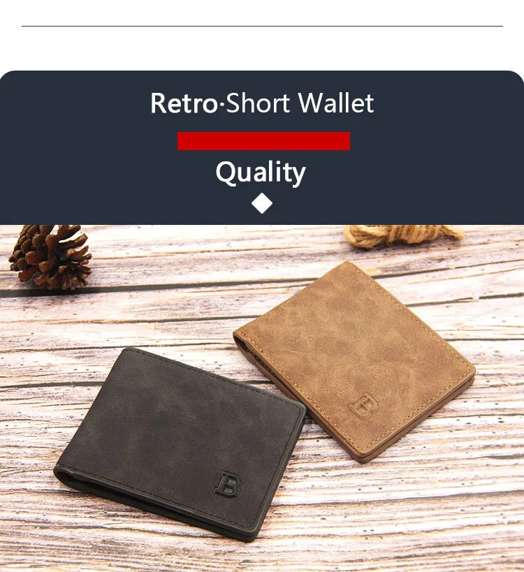 A brown leather short wallet is shown next to a black version on a wooden surface.