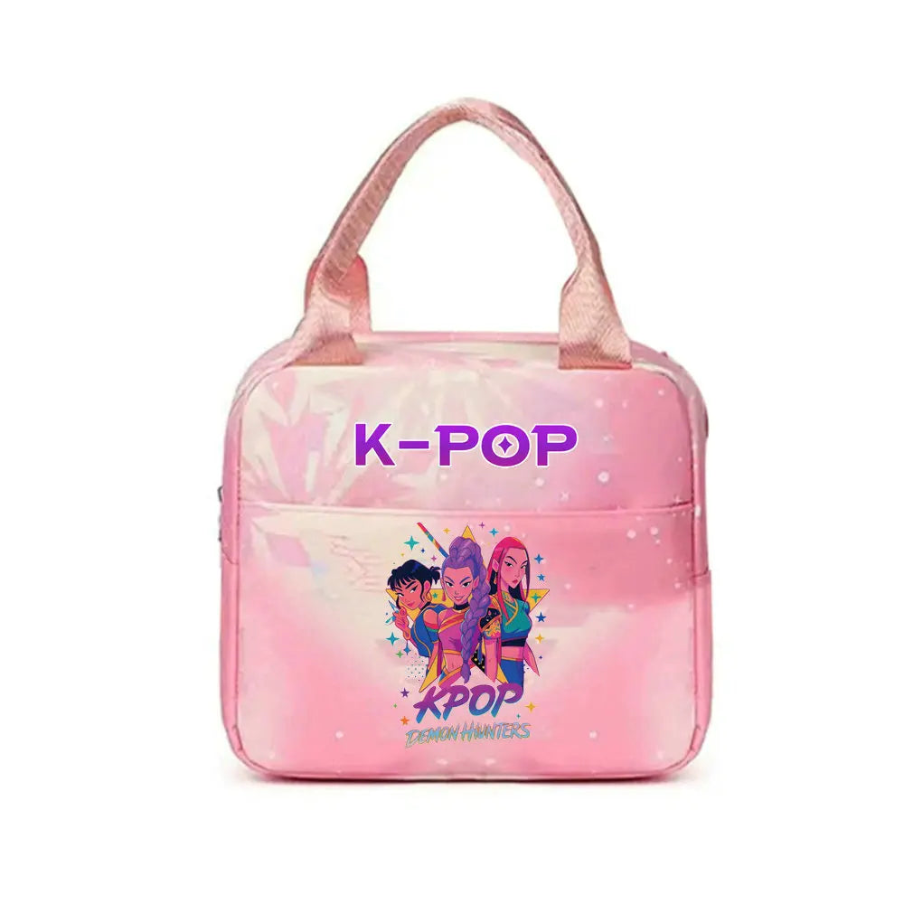 Pink insulated backpack featuring a K-Pop design with characters and text
