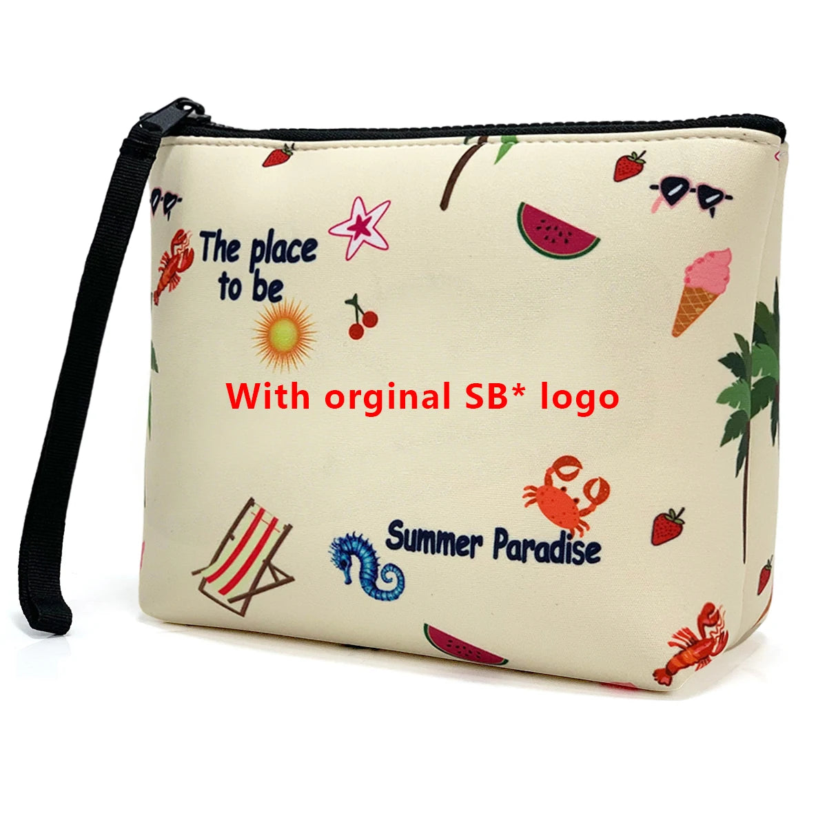 Bolsa cosmética de color crema con correa negra y motivos tropicales y de verano.