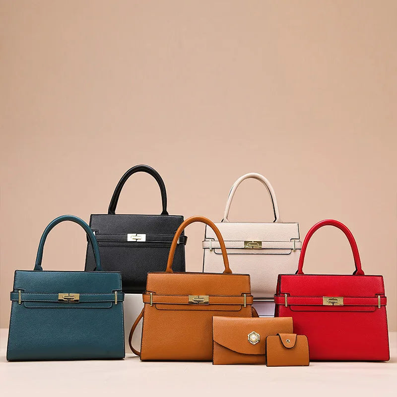 A collection of multi-color women's leather handbags in shades of black, beige, brown, and red displayed on a light backgroun