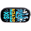 Black zippered pouch featuring neon blue and yellow text and a cartoon robot design