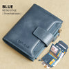 A blue retro style three fold leather wallet shown open with cards and cash visible.