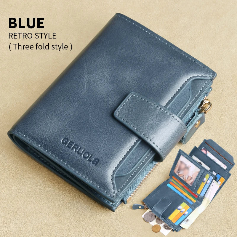 A blue retro style three fold leather wallet shown open with cards and cash visible.