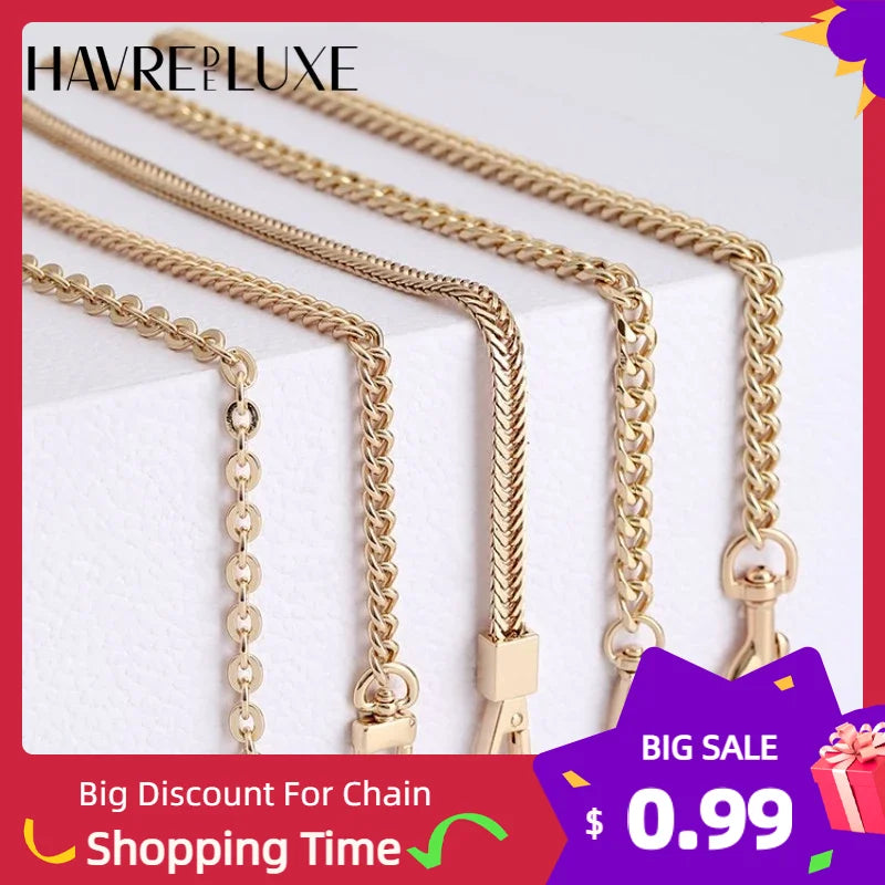 Multiple gold chain bag straps displayed against a white background for sale