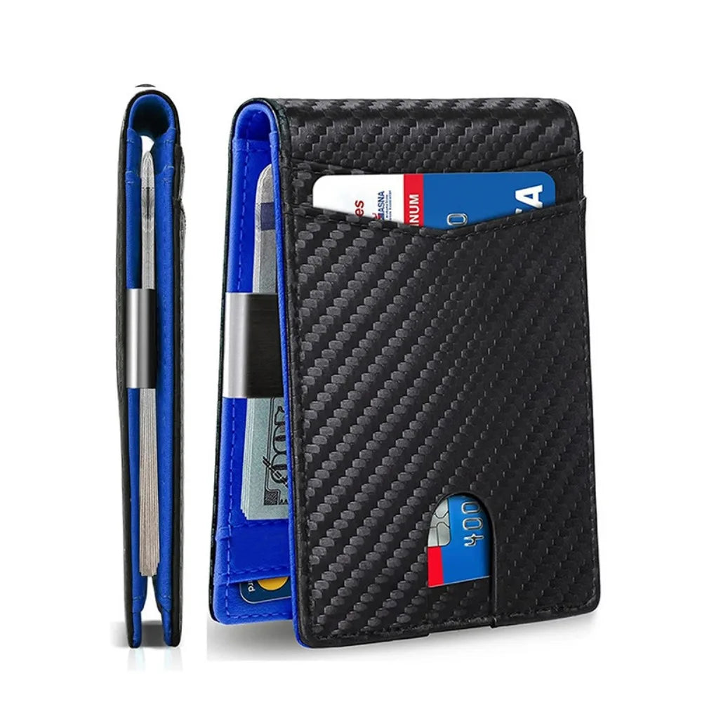 Black textured wallet with a slot for a credit card and an RFID blocking feature