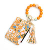 Orange floral patterned silicone bead PU leather key chain wallet with wooden bead charm