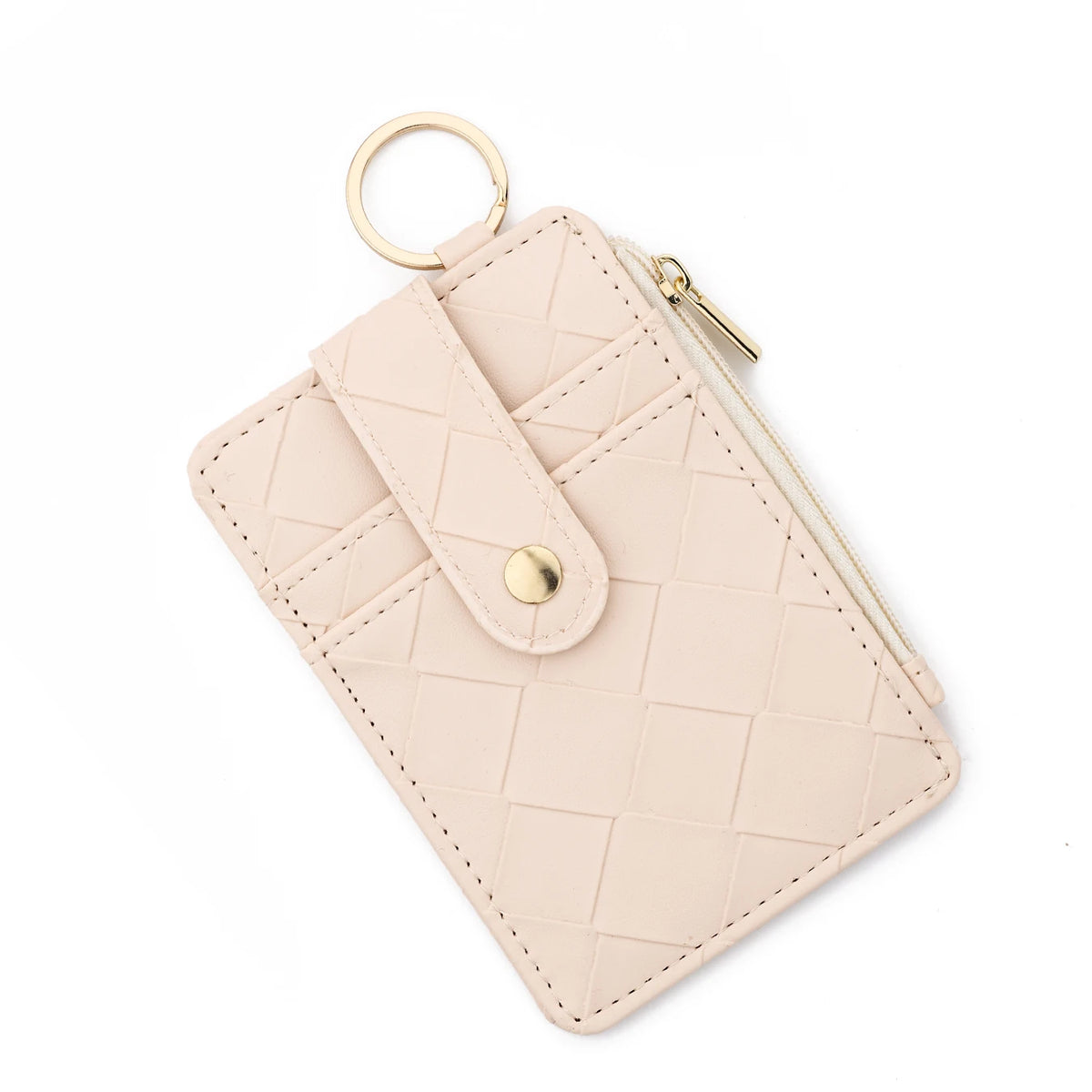 A light pink quilted PU leather card holder wallet with a gold bangle and tassel.