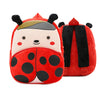 A red and black cartoon animal plush backpack shaped like a ladybug.