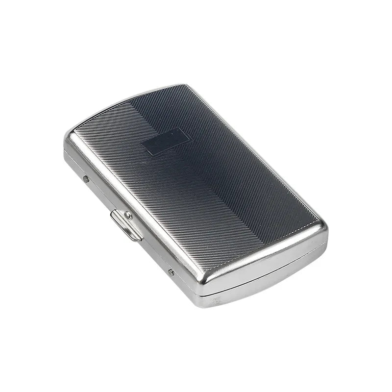A silver metal cigarette case with a rectangular design shown from above.