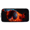 A black zippered pouch featuring a fiery graphic of a basketball.
