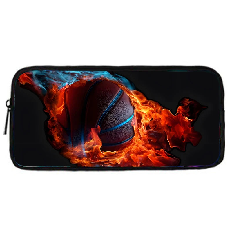 A black zippered pouch featuring a fiery graphic of a basketball.