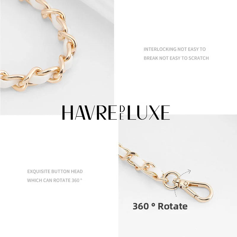 Close-up of a gold-toned interlocking chain shoulder strap buckle for bags.