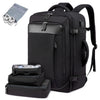 Black expandable travel backpack with multiple packing cubes and accessories