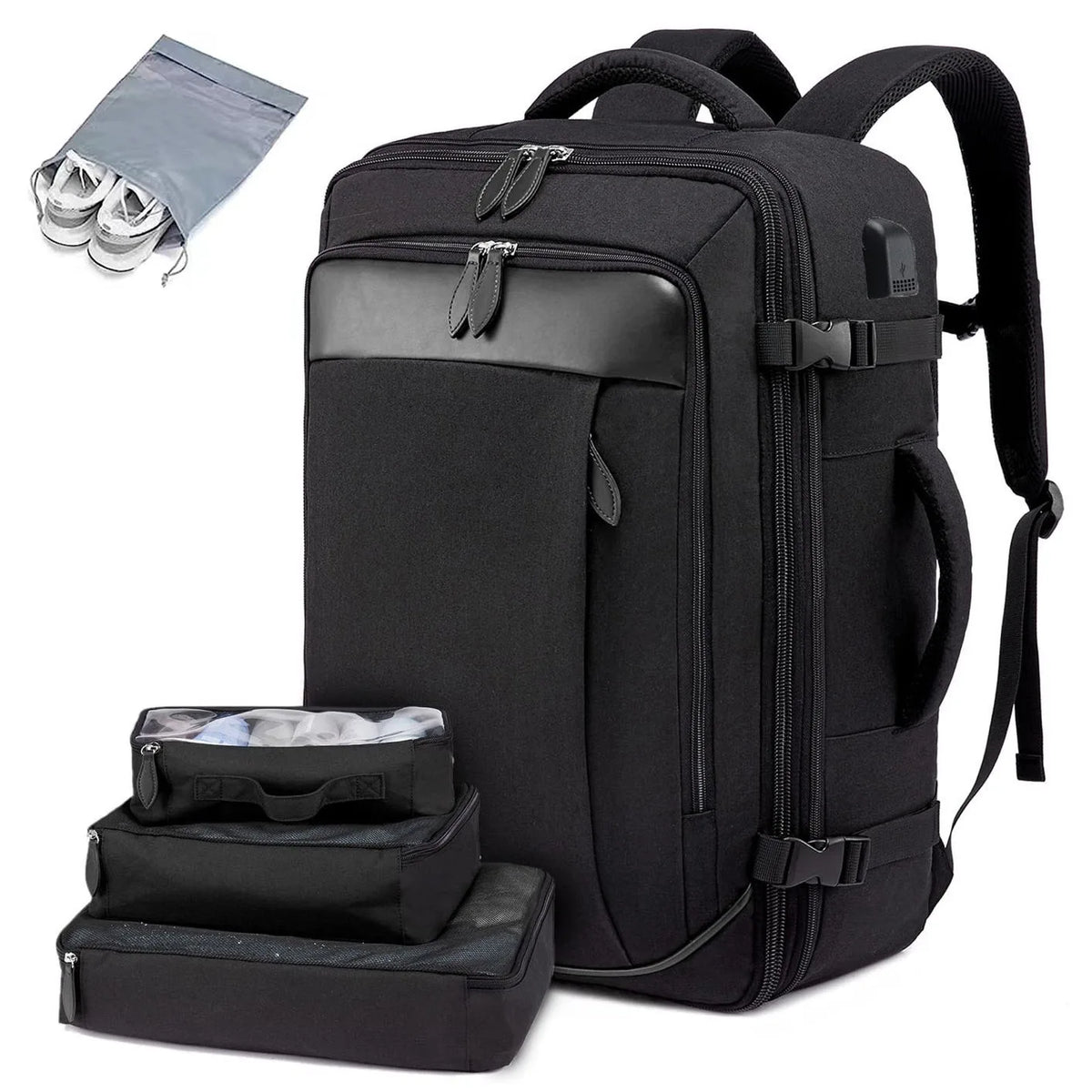 Black expandable travel backpack with multiple packing cubes and accessories