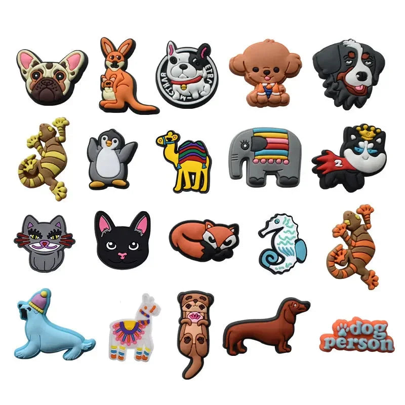 A collection of decorative shoe charms and pins featuring various animal and character designs.