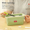 A light green pencil case is shown open, demonstrating wide-opening design for easy access to pens and pencils.