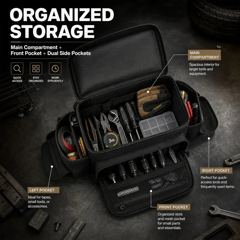 An open black tool bag showing various tools and pockets for organized storage.