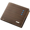 Brown leather men's stripe multi-function wallet with blue stitching and silver clasp