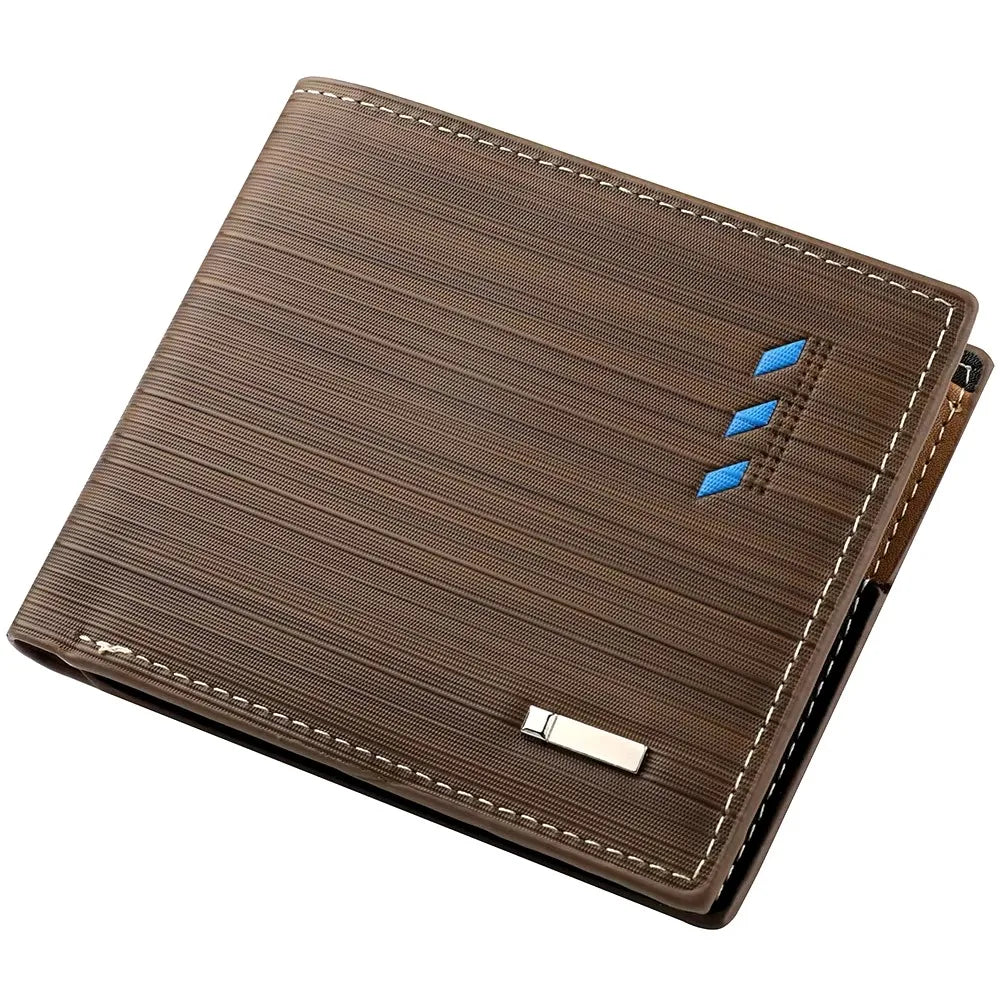 Brown leather men's stripe multi-function wallet with blue stitching and silver clasp