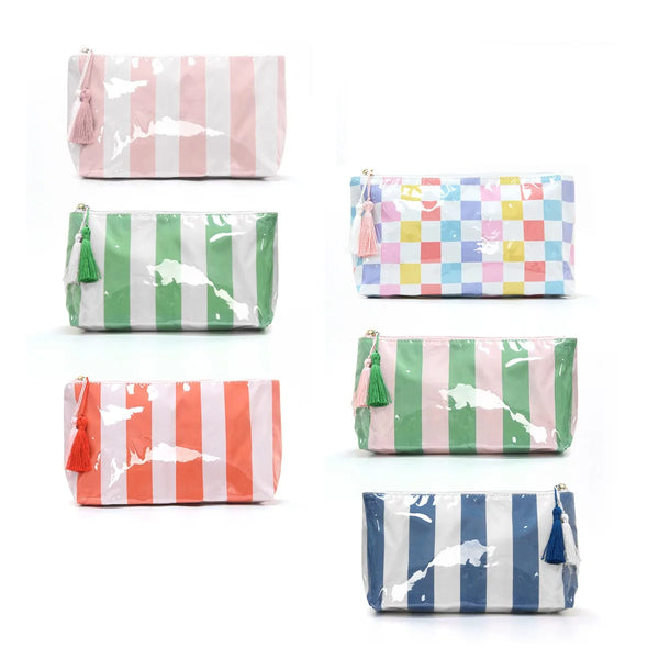 Four cosmetic storage pouches in various stripes and patterns of pink, green, red, and blue.