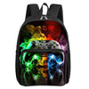 Black backpack featuring a vibrant, glowing game controller design on the front pocket.