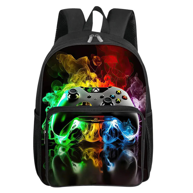 Black backpack featuring a vibrant, glowing game controller design on the front pocket.