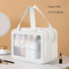 Large white double-layer clear and dry wash bag with white straps shown on a light surface.