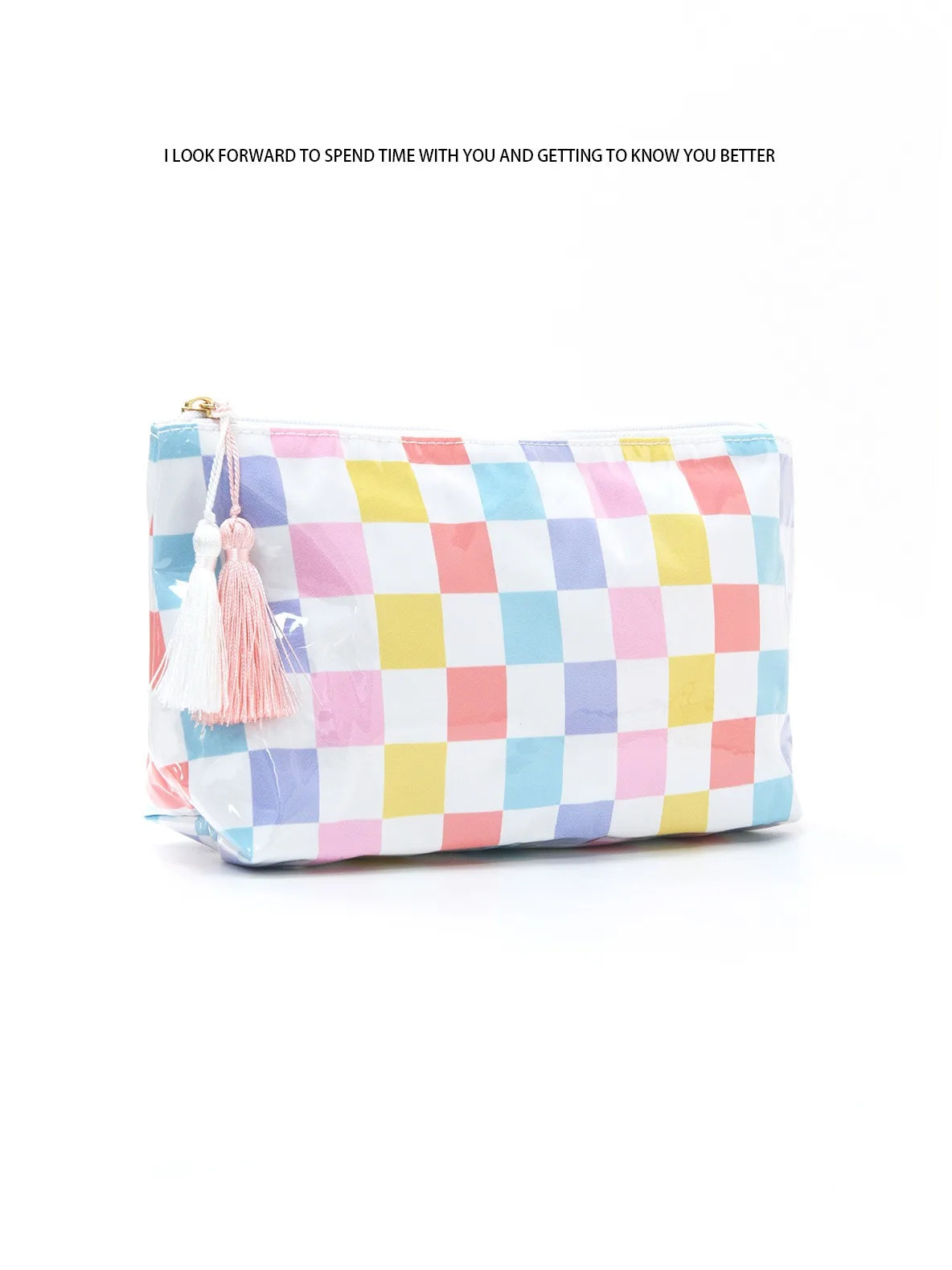 A colorful checkered cosmetic storage pouch featuring pink, yellow, blue, and white squares with pink tassels.