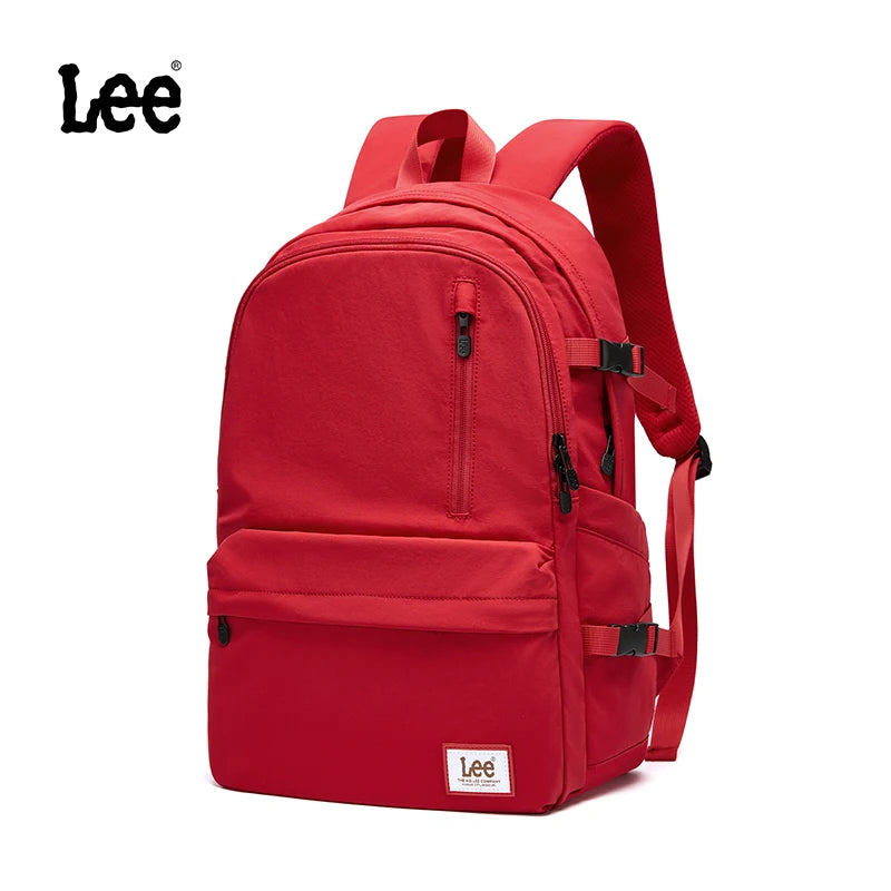 A red Lee oxford school backpack with a laptop sleeve shown from the back.