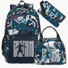 A dark blue and white sports laptop backpack with a black rain cover and a separate pouch.