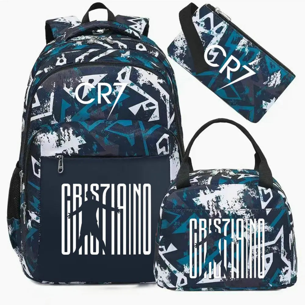 A dark blue and white sports laptop backpack with a black rain cover and a separate pouch.