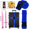Adjustable luggage strap shown with various components including straps, a suitcase, and a strap for securing items.