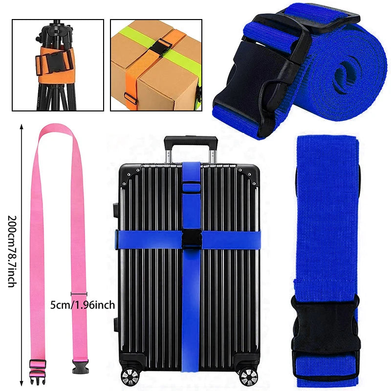 Adjustable luggage strap shown with various components including straps, a suitcase, and a strap for securing items.