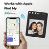 A smartphone screen shows an Apple Find My location map and a photo of two people, next to a black plastic tag.
