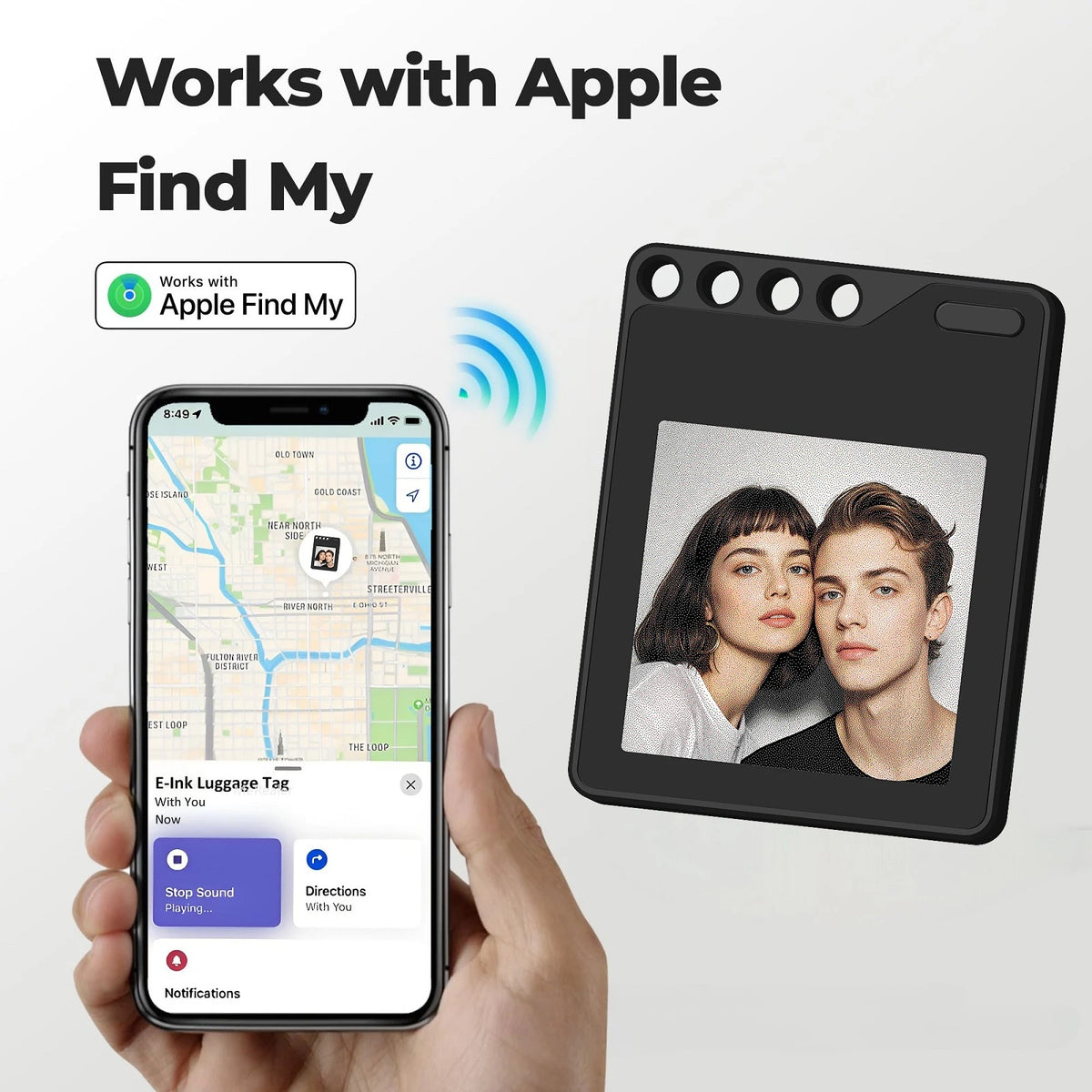A smartphone screen shows an Apple Find My location map and a photo of two people, next to a black plastic tag.