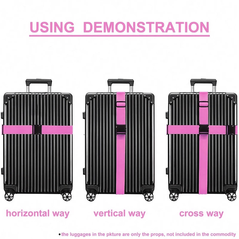 Demonstration of adjustable luggage straps used in horizontal, vertical, and cross ways.
