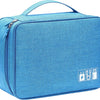 A bright blue portable digital organizer storage pouch with a zipper and power icons printed on the front.