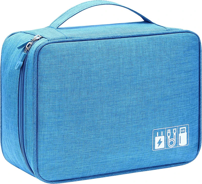 A bright blue portable digital organizer storage pouch with a zipper and power icons printed on the front.