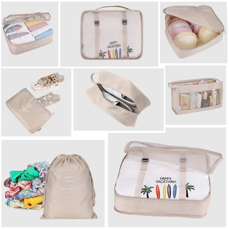 A set of seven folding travel organizer bags in beige and pink fabric for storing toiletries and personal items.
