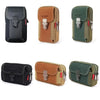 A set of four unisex tactical belt pouches in black, tan, olive green, and dark green.