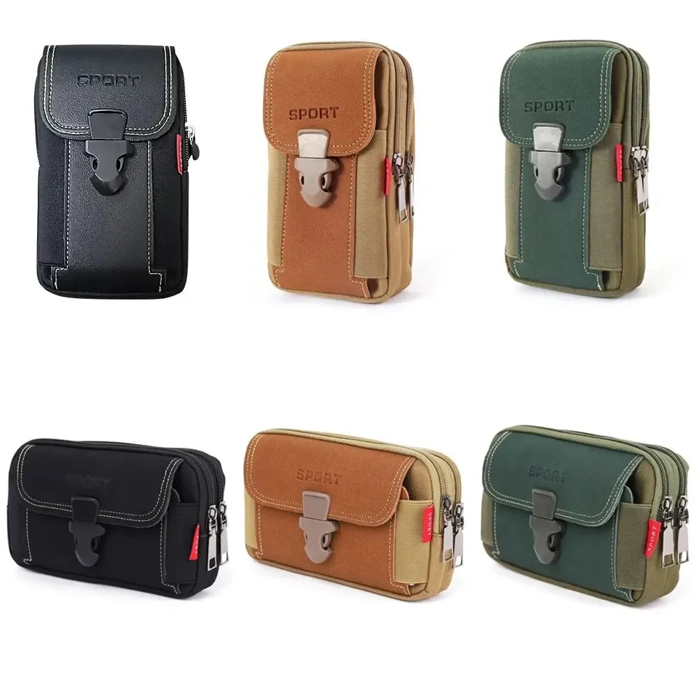 A set of four unisex tactical belt pouches in black, tan, olive green, and dark green.