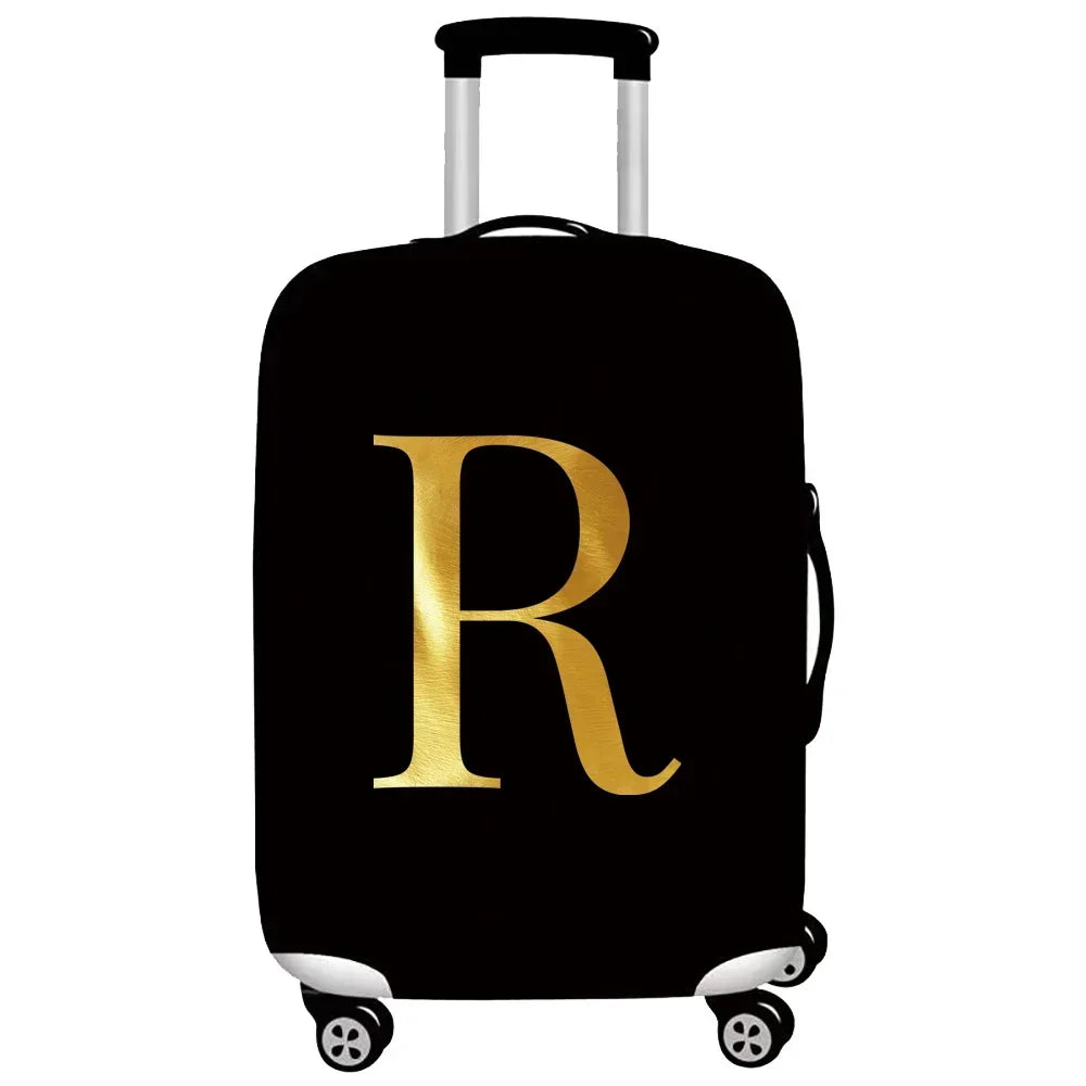 Black rolling suitcase with a gold letter R printed on the side.