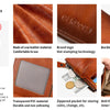 A brown leather wallet showing various features including RFID protection, brand logo stamping, and a zippered pocket.