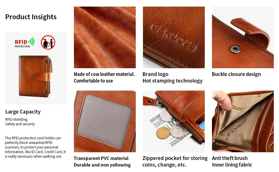 A brown leather wallet showing various features including RFID protection, brand logo stamping, and a zippered pocket.
