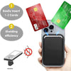A black leather card wallet is shown next to an iPhone, demonstrating easy card insertion and shielding efficiency.