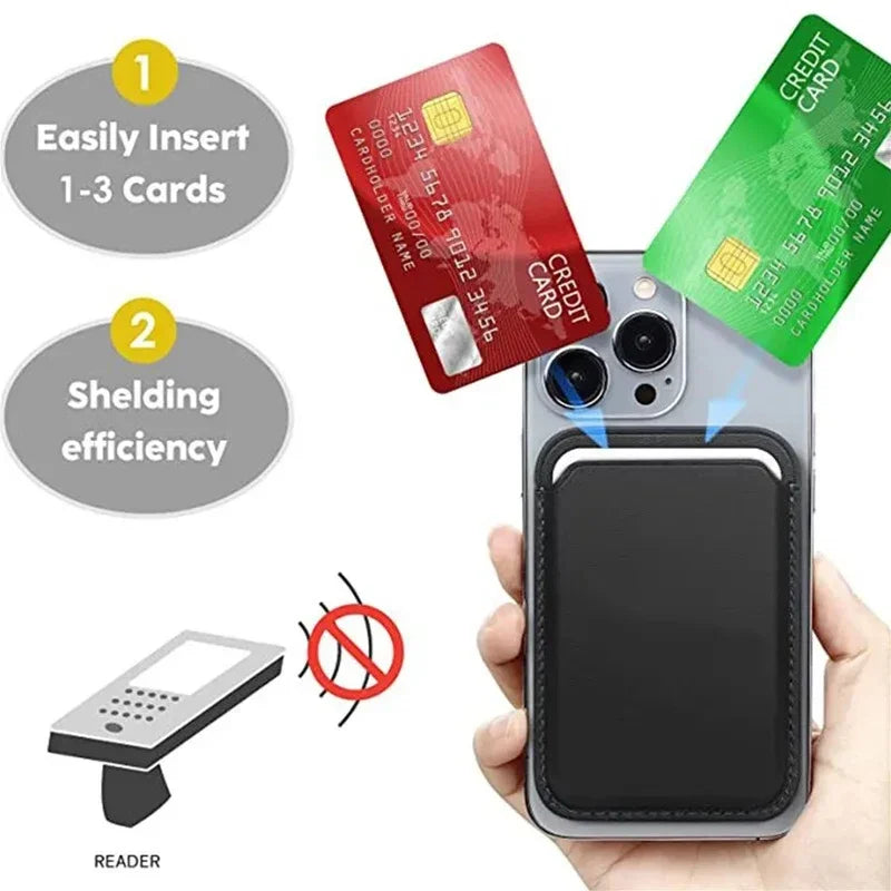 A black leather card wallet is shown next to an iPhone, demonstrating easy card insertion and shielding efficiency.