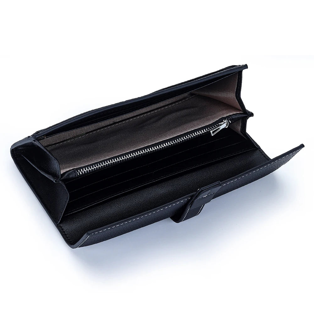 A black genuine cow leather bi-fold wallet shown open, displaying a zippered compartment.