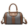 A brown leather shoulder crossbody bag with gold hardware and a woven texture in gray and brown stripes.